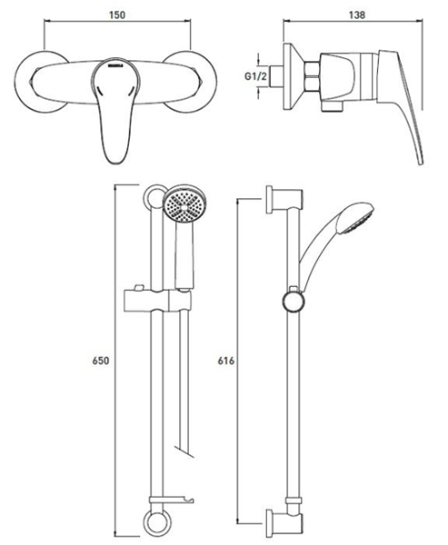 Technical image of Bristan Jute Exposed Manual Shower Valve & Slide Rail Kit (Chrome).