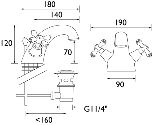 Technical image of Bristan Colonial Mono Basin Mixer Tap With Pop Up Waste (Gold).