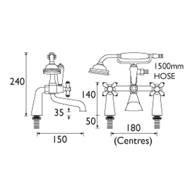 Technical image of Bristan Colonial Bath Shower Mixer Tap With Kit (Gold).