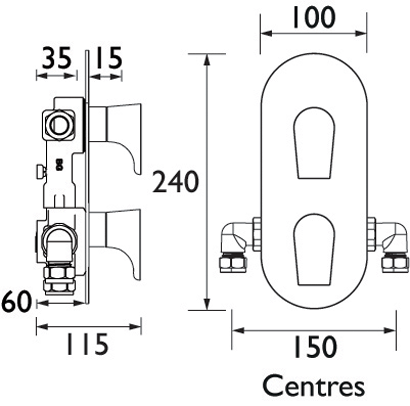 Technical image of Bristan Hourglass Concealed Shower Valve (2 Outlets, Champagne)