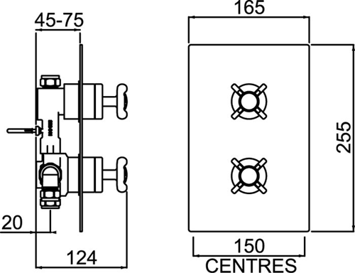 Technical image of Bristan 1901 Concealed Shower Valve With Dual Controls (1 Outlet, Gold).