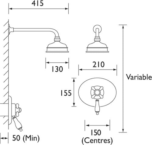 Technical image of Bristan 1901 Traditional Thermostatic Shower Valve And Shower Head, Chrome.