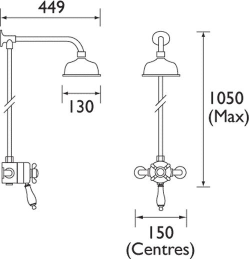 Technical image of Bristan 1901 Traditional Thermostatic Shower Valve And Rigid Riser, Chrome.