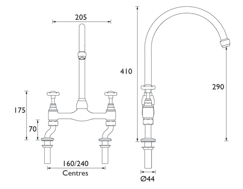 Technical image of Bristan 1901 Bridge Sink Mixer Kitchen Tap (Chrome).