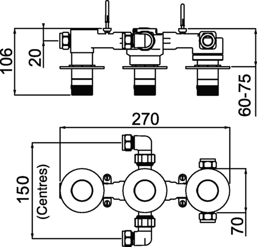 Technical image of Bristan Orb Concealed Shower Valve (3 Outlets, Chrome).