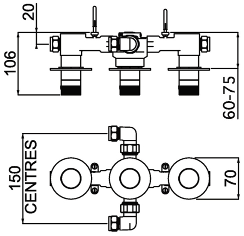 Technical image of Bristan Orb Concealed Shower Valve (2 Outlets, Chrome).