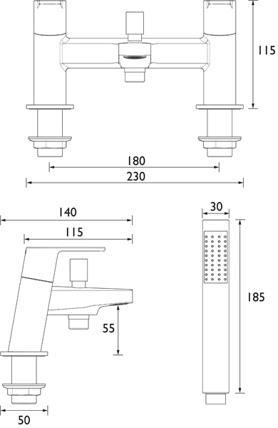 Technical image of Bristan Pisa Basin & Bath Shower Mixer Tap Pack (Chrome).