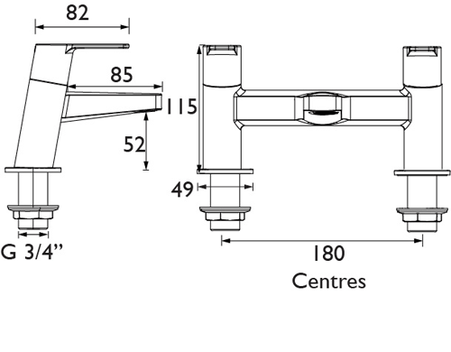 Technical image of Bristan Pisa Basin & Bath Filler Tap Pack (Chrome).