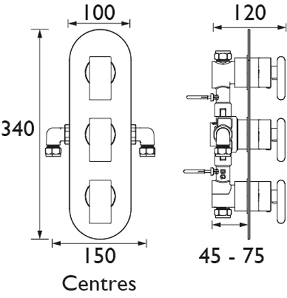 Technical image of Bristan Pivot Concealed Shower Valve (2 Outlets, Chrome).