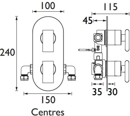 Technical image of Bristan Pivot Concealed Shower Valve (2 Outlets, Chrome).