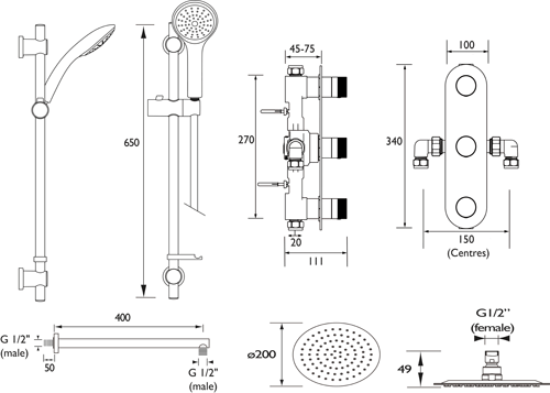 Technical image of Bristan Pivot Shower Pack With Arm, Round Head & Slide Rail (Chrome).