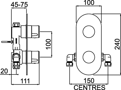 Technical image of Bristan Pivot Thermostatic Dual Control Shower Valve (Chrome).