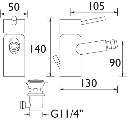 Technical image of Bristan Prism Bidet Mixer Tap With Pop Up Waste (Chrome).