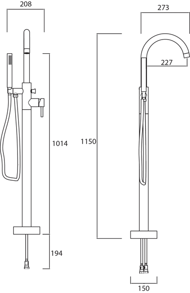 Technical image of Bristan Prism Basin & Floor Standing Bath Shower Mixer Tap Pack (Chrome).