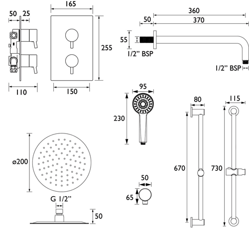 Technical image of Bristan Prism Thermostatic Shower Package (Brushed Brass).