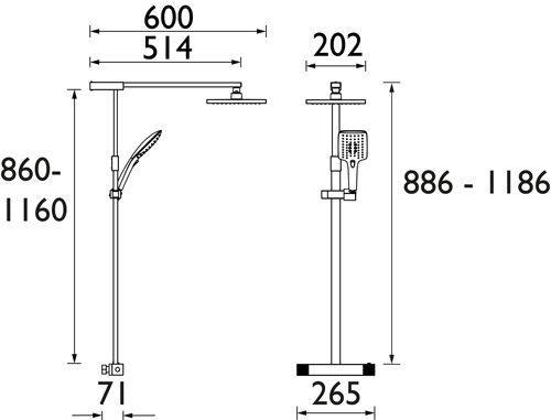 Technical image of Bristan Quadrato Exposed Bar Shower Valve With Rigid Riser (Chrome).