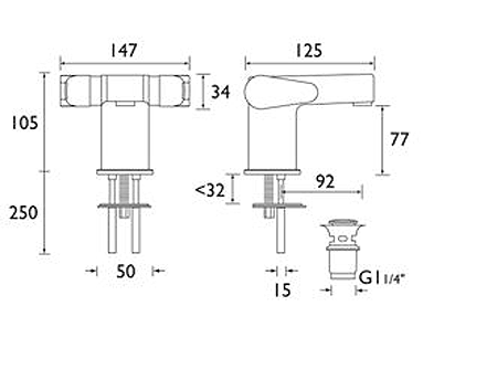 Technical image of Bristan Quest Two Handle Basin Mixer Tap With Clicker Waste (Chrome).