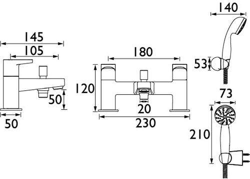 Technical image of Bristan Quest Bath Shower Mixer Tap (Chrome).