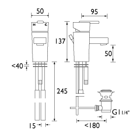 Technical image of Bristan Qube Mini Basin Mixer Tap With Pop Up Waste (Chrome).