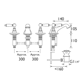 Technical image of Bristan Renaissance 3 Hole Basin & Bath Taps Pack (Chrome).