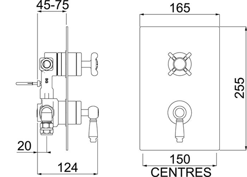 Technical image of Bristan Renaissance Dual Thermostatic Shower Valve With 2 x Outlet Diverters.