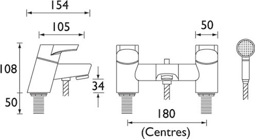 Technical image of Bristan Synergy Basin & Bath Shower Mixer Tap Pack (Chrome).