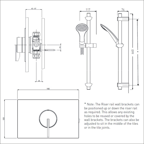 Technical image of Bristan Sonique Concealed Shower Valve With Slide Rail Kit (Chrome).