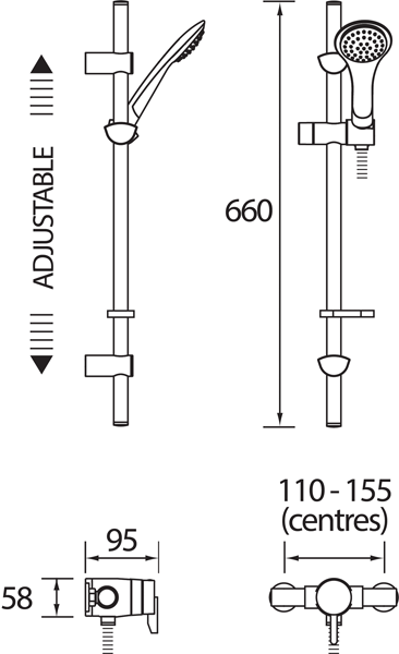 Technical image of Bristan Sonique Exposed Shower Valve With Slide Rail Kit (Chrome).