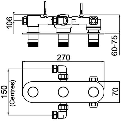 Technical image of Bristan Tria Horizontal Concealed Shower Valve (3 Outlets, Chrome).