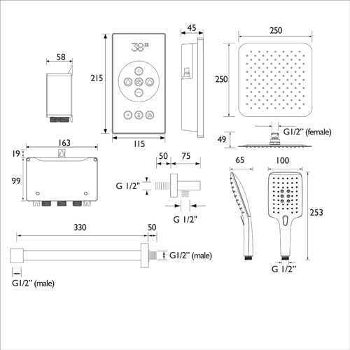 Technical image of Bristan Wave Thermostatic Digital Shower Valve With Head & Handset.