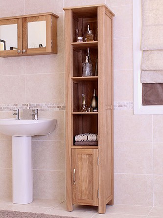 Example image of Baumhaus Mobel Tall Bathroom Storage Cabinet (Oak). Size 1800x365mm.