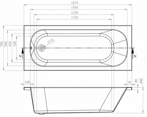 Technical image of BC Designs Modica Single Ended Bath With Front Panel 1675x700mm (White).