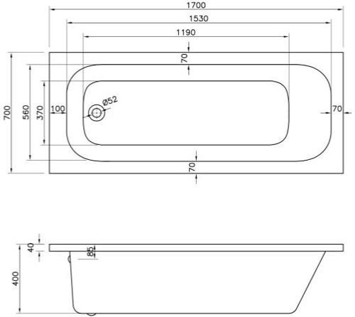 Technical image of BC Designs Modica Single Ended Bath 1700x700mm (White).