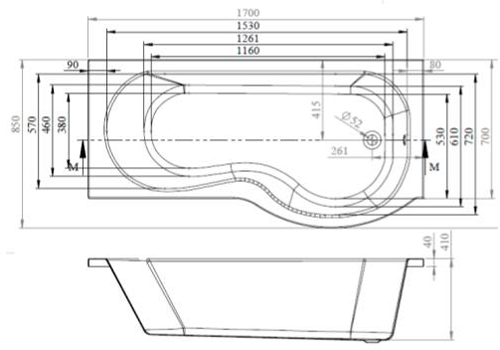 Technical image of BC Designs SolidBlue P-Shaped Shower Bath With Panels & Screen 1700 (LH).