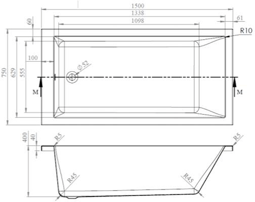 Technical image of BC Designs Durham Single Ended Bath With Panel 1500x750mm (White).