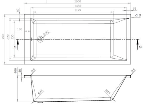 Technical image of BC Designs Durham Single Ended Bath With Panel 1600x750mm (White).