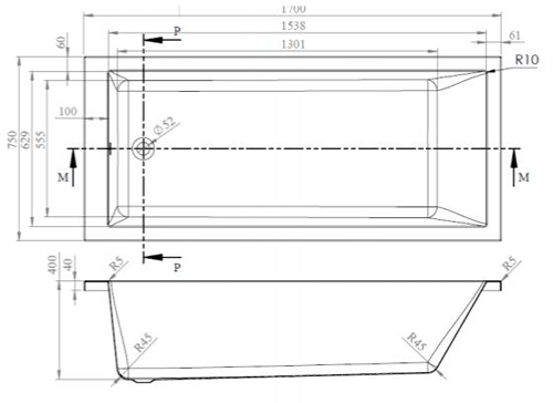 Technical image of BC Designs Durham Single Ended Bath 1700x750mm (White).
