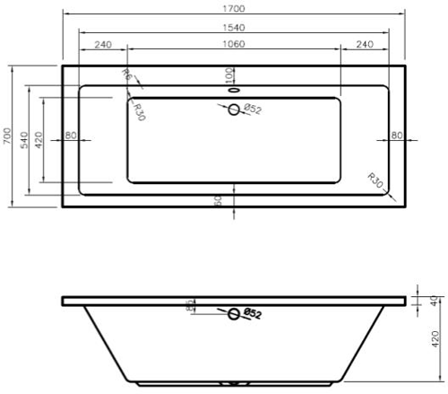 Technical image of BC Designs Durham Double Ended Bath 1700x700mm (White).