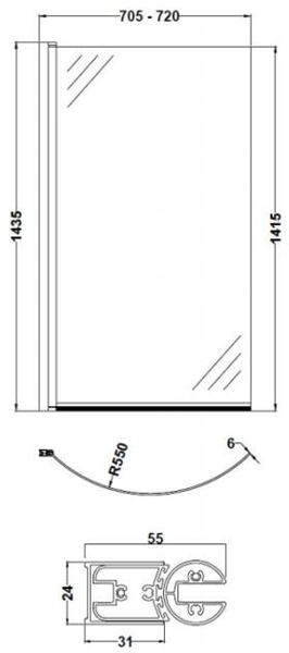 Technical image of BC Designs Curved P Shaped Shower Bath Screen 720x1425mm.