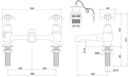 Technical image of Burlington Anglesey 2 Hole Basin Mixer Tap With Waste (Chrome & White).