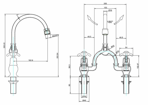 Technical image of Burlington Anglesey 2 Hole Arch Basin Mixer Tap (Chrome & White, 200mm).