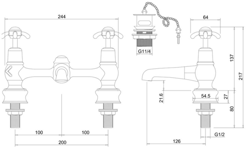 Technical image of Burlington Anglesey 2 Hole Basin Mixer Tap With Waste (Chrome & White).