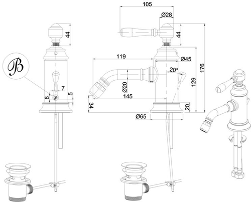 Technical image of Burlington Arcade Bidet Tap With Lever Handle & Waste (Nickel & Black).