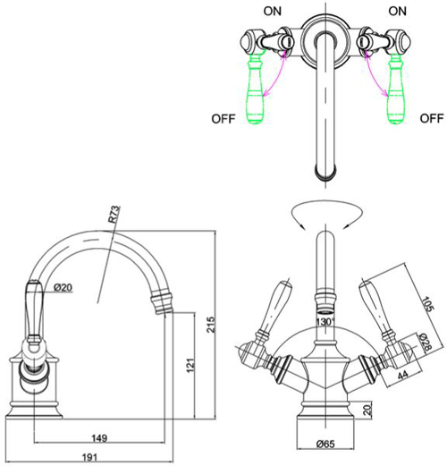 Technical image of Burlington Arcade Basin Mixer Tap With Lever Handles (Nickel & White).