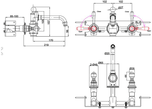 Technical image of Burlington Arcade Wall Basin Mixer Tap With Lever Handles (Chrome & White).