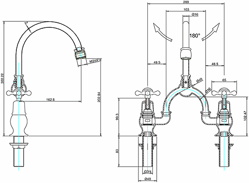 Technical image of Burlington Claremont 2 Hole Arch Basin Mixer Tap (Chrome & White, 200mm).