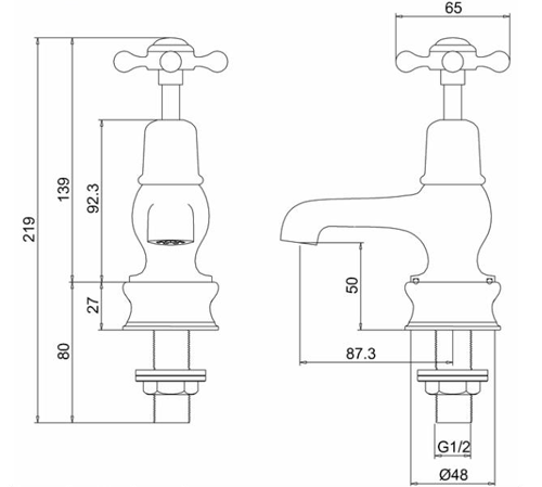 Technical image of Burlington Claremont Basin Taps 3" (QT, Gold & White).