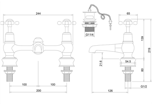 Technical image of Burlington Claremont 2 Hole Basin Mixer Tap With Waste (QT, Chr & White).