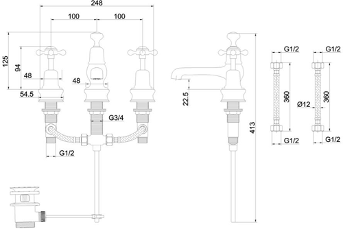 Technical image of Burlington Claremont 3 Hole Basin Tap With Pop Up Waste (Gold & White).
