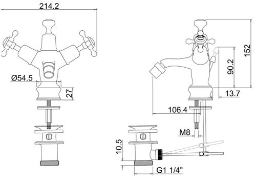 Technical image of Burlington Claremont Bidet Tap With Pop Up Waste (Chrome & White).